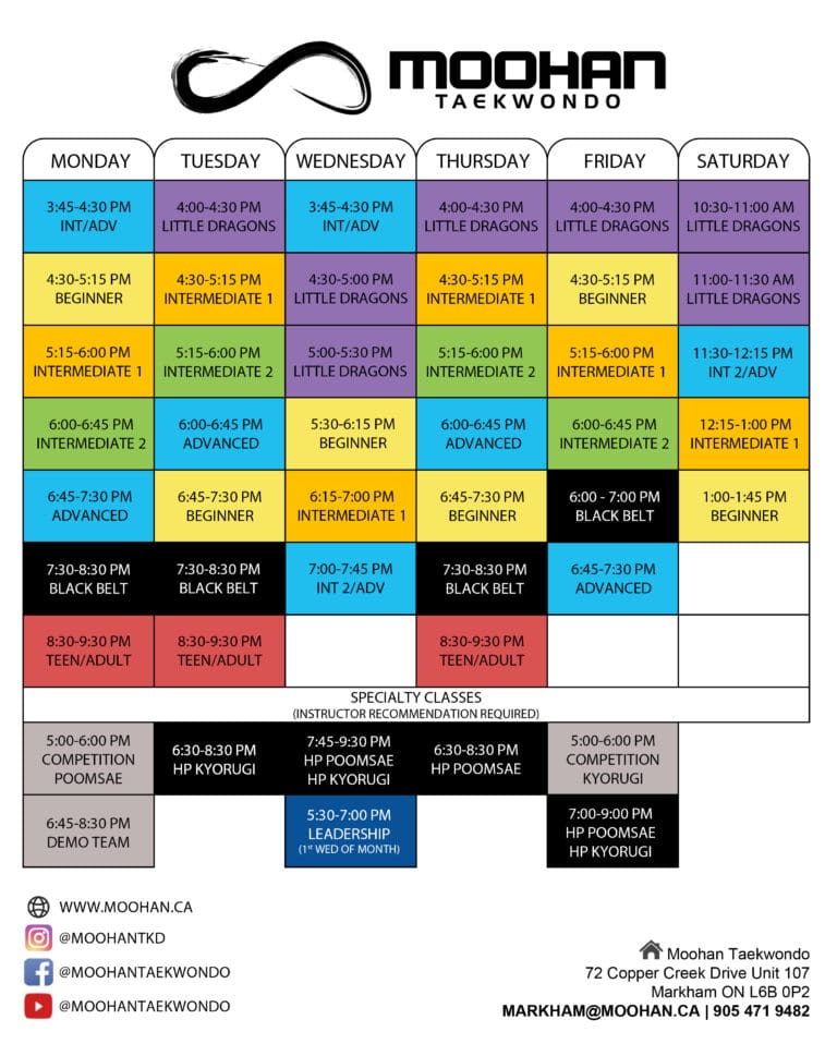 Schedule | Moohan Taekwondo Pickering